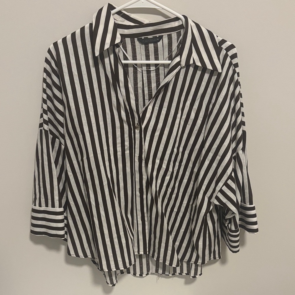 Zara Brown and Cream Striped Shirt